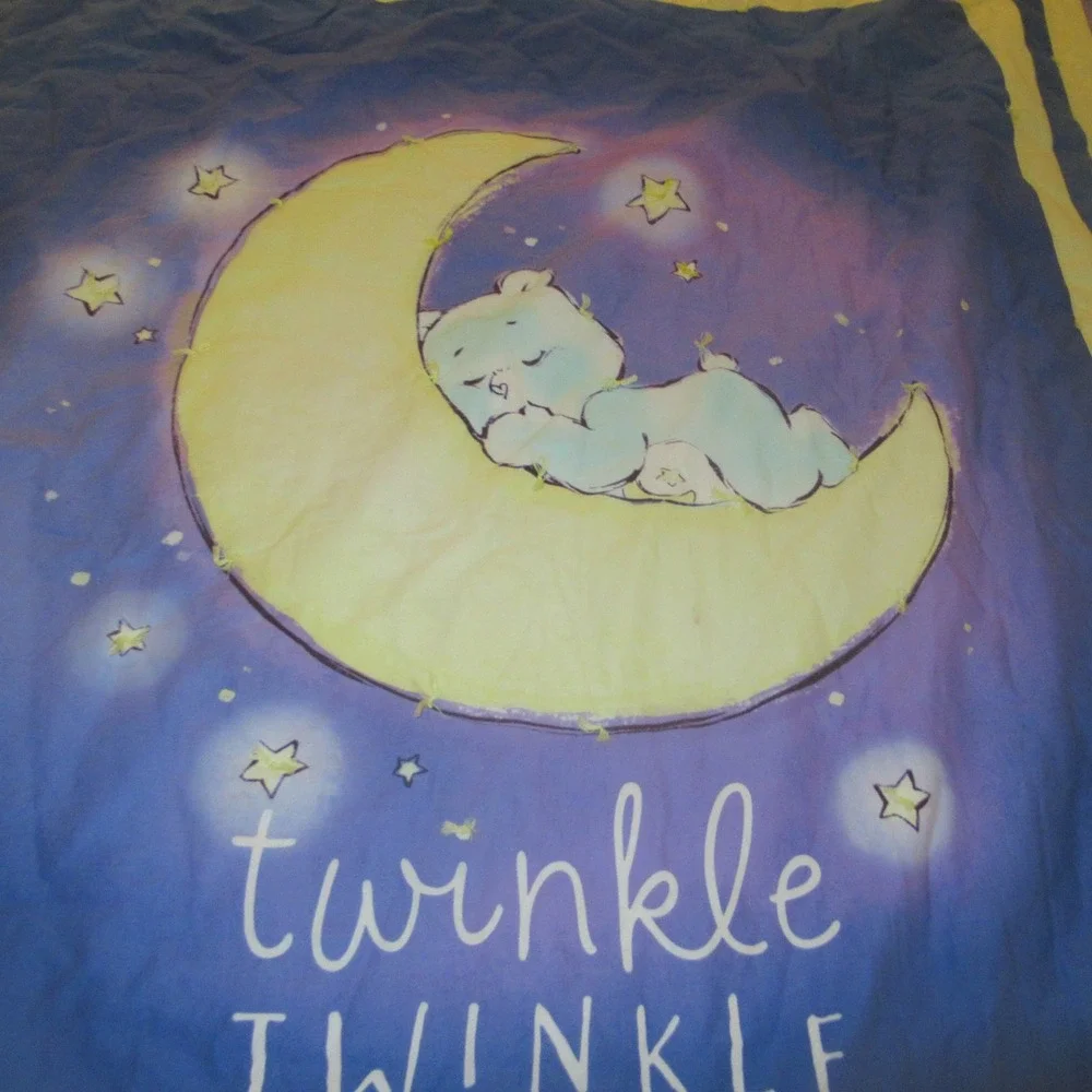 Vtg Twinkle Little Star Care bears Quilt Toddler 46x54 Blue Yellow Celestial
